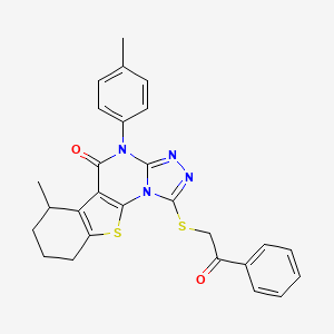 molecular formula C27H24N4O2S2 B10870710 6-methyl-4-(4-methylphenyl)-1-[(2-oxo-2-phenylethyl)sulfanyl]-6,7,8,9-tetrahydro[1]benzothieno[3,2-e][1,2,4]triazolo[4,3-a]pyrimidin-5(4H)-one 