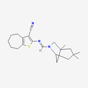 molecular formula C21H29N3S B10871686 2-{[(E)-(1,3,3-trimethyl-6-azabicyclo[3.2.1]oct-6-yl)methylidene]amino}-5,6,7,8-tetrahydro-4H-cyclohepta[b]thiophene-3-carbonitrile 