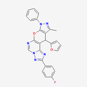 molecular formula C26H17FN6O2 B10876106 4-(4-fluorophenyl)-16-(furan-2-yl)-14-methyl-12-phenyl-10-oxa-3,5,6,8,12,13-hexazatetracyclo[7.7.0.02,6.011,15]hexadeca-1(9),2,4,7,11(15),13-hexaene 