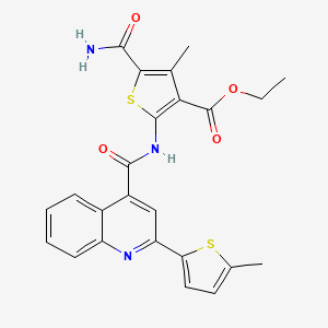 molecular formula C24H21N3O4S2 B10887407 Ethyl 5-carbamoyl-4-methyl-2-({[2-(5-methylthiophen-2-yl)quinolin-4-yl]carbonyl}amino)thiophene-3-carboxylate 