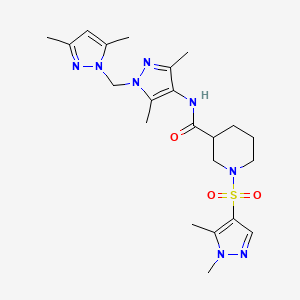molecular formula C22H32N8O3S B10891694 N-{1-[(3,5-dimethyl-1H-pyrazol-1-yl)methyl]-3,5-dimethyl-1H-pyrazol-4-yl}-1-[(1,5-dimethyl-1H-pyrazol-4-yl)sulfonyl]piperidine-3-carboxamide 