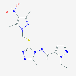 molecular formula C15H19N9O2S B10891901 3-{[(3,5-dimethyl-4-nitro-1H-pyrazol-1-yl)methyl]sulfanyl}-N-[(E)-(1-ethyl-1H-pyrazol-5-yl)methylidene]-5-methyl-4H-1,2,4-triazol-4-amine 