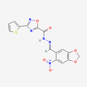 molecular formula C15H9N5O6S B10895344 N'-[(E)-(6-nitro-1,3-benzodioxol-5-yl)methylidene]-3-(thiophen-2-yl)-1,2,4-oxadiazole-5-carbohydrazide 