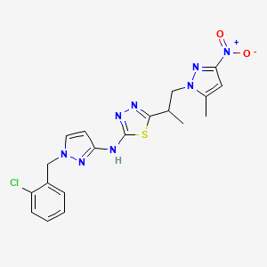 molecular formula C19H19ClN8O2S B10896156 N-[1-(2-chlorobenzyl)-1H-pyrazol-3-yl]-5-[1-(5-methyl-3-nitro-1H-pyrazol-1-yl)propan-2-yl]-1,3,4-thiadiazol-2-amine 