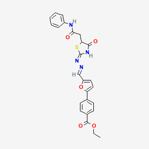molecular formula C25H22N4O5S B10896297 ethyl 4-(5-{(E)-[(2E)-{4-oxo-5-[2-oxo-2-(phenylamino)ethyl]-1,3-thiazolidin-2-ylidene}hydrazinylidene]methyl}furan-2-yl)benzoate 