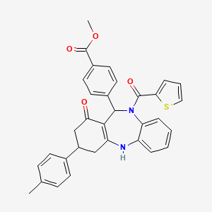 molecular formula C33H28N2O4S B10896306 Methyl 4-[1-hydroxy-3-(4-methylphenyl)-10-(2-thienylcarbonyl)-3,4,10,11-tetrahydro-2H-dibenzo[B,E][1,4]diazepin-11-YL]benzoate 