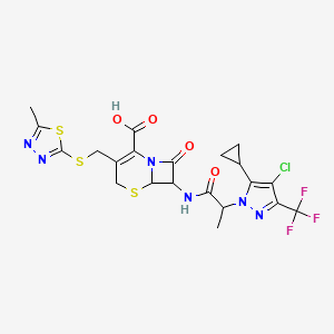 molecular formula C21H20ClF3N6O4S3 B10898856 7-({2-[4-chloro-5-cyclopropyl-3-(trifluoromethyl)-1H-pyrazol-1-yl]propanoyl}amino)-3-{[(5-methyl-1,3,4-thiadiazol-2-yl)sulfanyl]methyl}-8-oxo-5-thia-1-azabicyclo[4.2.0]oct-2-ene-2-carboxylic acid 