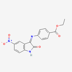 molecular formula C17H13N3O5 B10899051 ethyl 4-{[(3E)-5-nitro-2-oxo-1,2-dihydro-3H-indol-3-ylidene]amino}benzoate 