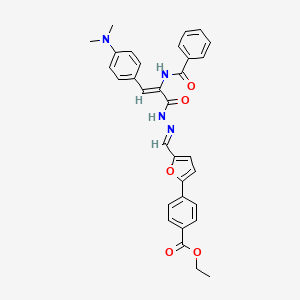 molecular formula C32H30N4O5 B10899715 ethyl 4-{5-[(E)-(2-{(2Z)-3-[4-(dimethylamino)phenyl]-2-[(phenylcarbonyl)amino]prop-2-enoyl}hydrazinylidene)methyl]furan-2-yl}benzoate 