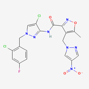 molecular formula C19H14Cl2FN7O4 B10899889 N-[4-chloro-1-(2-chloro-4-fluorobenzyl)-1H-pyrazol-3-yl]-5-methyl-4-[(4-nitro-1H-pyrazol-1-yl)methyl]-1,2-oxazole-3-carboxamide 