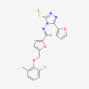 molecular formula C20H17ClN4O3S B10899973 N-[(E)-{5-[(2-chloro-6-methylphenoxy)methyl]furan-2-yl}methylidene]-3-(furan-2-yl)-5-(methylsulfanyl)-4H-1,2,4-triazol-4-amine 