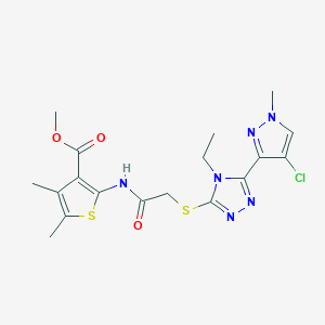 molecular formula C18H21ClN6O3S2 B10900106 methyl 2-[({[5-(4-chloro-1-methyl-1H-pyrazol-3-yl)-4-ethyl-4H-1,2,4-triazol-3-yl]sulfanyl}acetyl)amino]-4,5-dimethylthiophene-3-carboxylate 