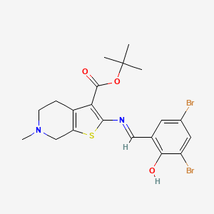 molecular formula C20H22Br2N2O3S B10901067 tert-butyl 2-{[(E)-(3,5-dibromo-2-hydroxyphenyl)methylidene]amino}-6-methyl-4,5,6,7-tetrahydrothieno[2,3-c]pyridine-3-carboxylate 