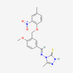 molecular formula C19H19N5O4S B10901241 4-{[(E)-{4-methoxy-3-[(4-methyl-2-nitrophenoxy)methyl]phenyl}methylidene]amino}-5-methyl-4H-1,2,4-triazole-3-thiol 