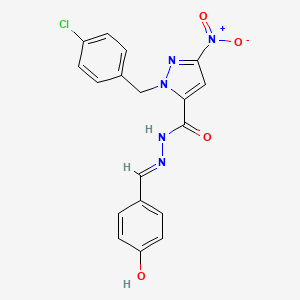 molecular formula C18H14ClN5O4 B10901992 1-(4-chlorobenzyl)-N'-[(E)-(4-hydroxyphenyl)methylidene]-3-nitro-1H-pyrazole-5-carbohydrazide 