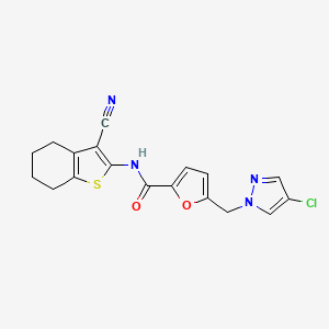 molecular formula C18H15ClN4O2S B10902068 5-[(4-chloro-1H-pyrazol-1-yl)methyl]-N-(3-cyano-4,5,6,7-tetrahydro-1-benzothiophen-2-yl)furan-2-carboxamide 