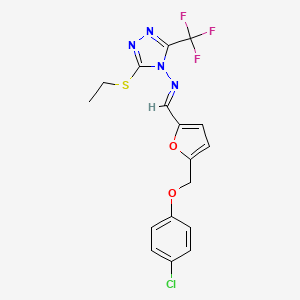 molecular formula C17H14ClF3N4O2S B10902228 N-[(E)-{5-[(4-chlorophenoxy)methyl]furan-2-yl}methylidene]-3-(ethylsulfanyl)-5-(trifluoromethyl)-4H-1,2,4-triazol-4-amine 