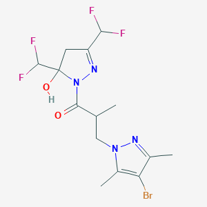 molecular formula C14H17BrF4N4O2 B10902296 1-[3,5-bis(difluoromethyl)-5-hydroxy-4,5-dihydro-1H-pyrazol-1-yl]-3-(4-bromo-3,5-dimethyl-1H-pyrazol-1-yl)-2-methylpropan-1-one 