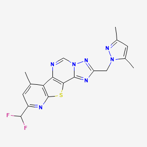 molecular formula C18H15F2N7S B10902336 13-(difluoromethyl)-4-[(3,5-dimethylpyrazol-1-yl)methyl]-11-methyl-16-thia-3,5,6,8,14-pentazatetracyclo[7.7.0.02,6.010,15]hexadeca-1(9),2,4,7,10(15),11,13-heptaene 