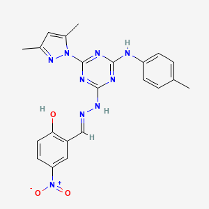 molecular formula C22H21N9O3 B10902370 2-[(E)-(2-{4-(3,5-dimethyl-1H-pyrazol-1-yl)-6-[(4-methylphenyl)amino]-1,3,5-triazin-2-yl}hydrazinylidene)methyl]-4-nitrophenol 