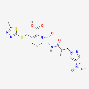 molecular formula C18H19N7O6S3 B10902419 7-{[2-methyl-3-(4-nitro-1H-pyrazol-1-yl)propanoyl]amino}-3-{[(5-methyl-1,3,4-thiadiazol-2-yl)sulfanyl]methyl}-8-oxo-5-thia-1-azabicyclo[4.2.0]oct-2-ene-2-carboxylic acid 