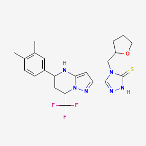 molecular formula C22H25F3N6OS B10902433 5-[5-(3,4-dimethylphenyl)-7-(trifluoromethyl)-4,5,6,7-tetrahydropyrazolo[1,5-a]pyrimidin-2-yl]-4-(tetrahydrofuran-2-ylmethyl)-4H-1,2,4-triazole-3-thiol 