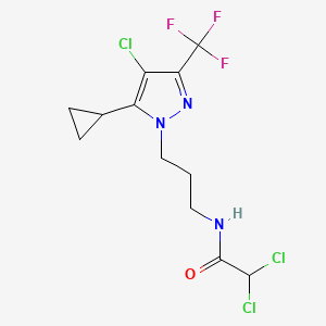 molecular formula C12H13Cl3F3N3O B10902436 2,2-dichloro-N-{3-[4-chloro-5-cyclopropyl-3-(trifluoromethyl)-1H-pyrazol-1-yl]propyl}acetamide 
