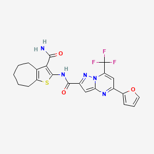 molecular formula C22H18F3N5O3S B10903036 N-(3-carbamoyl-5,6,7,8-tetrahydro-4H-cyclohepta[b]thiophen-2-yl)-5-(furan-2-yl)-7-(trifluoromethyl)pyrazolo[1,5-a]pyrimidine-2-carboxamide 