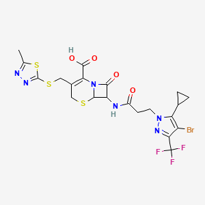 molecular formula C21H20BrF3N6O4S3 B10903490 7-({3-[4-bromo-5-cyclopropyl-3-(trifluoromethyl)-1H-pyrazol-1-yl]propanoyl}amino)-3-{[(5-methyl-1,3,4-thiadiazol-2-yl)sulfanyl]methyl}-8-oxo-5-thia-1-azabicyclo[4.2.0]oct-2-ene-2-carboxylic acid 