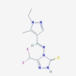 molecular formula C10H12F2N6S B10903692 5-(difluoromethyl)-4-{[(E)-(1-ethyl-5-methyl-1H-pyrazol-4-yl)methylidene]amino}-4H-1,2,4-triazole-3-thiol 
