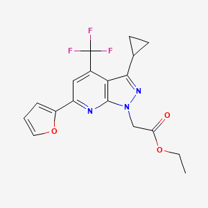 molecular formula C18H16F3N3O3 B10903810 Ethyl 2-(3-cyclopropyl-6-(furan-2-yl)-4-(trifluoromethyl)-1H-pyrazolo[3,4-b]pyridin-1-yl)acetate 