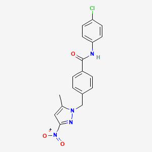 molecular formula C18H15ClN4O3 B10904481 N-(4-chlorophenyl)-4-[(5-methyl-3-nitro-1H-pyrazol-1-yl)methyl]benzamide 