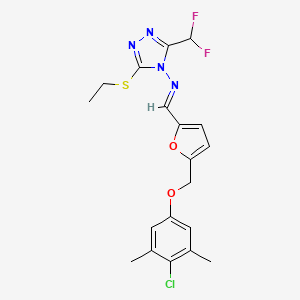 molecular formula C19H19ClF2N4O2S B10904526 N-[(E)-{5-[(4-chloro-3,5-dimethylphenoxy)methyl]furan-2-yl}methylidene]-3-(difluoromethyl)-5-(ethylsulfanyl)-4H-1,2,4-triazol-4-amine 