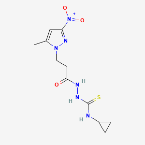 molecular formula C11H16N6O3S B10904888 N-cyclopropyl-2-[3-(5-methyl-3-nitro-1H-pyrazol-1-yl)propanoyl]hydrazinecarbothioamide 