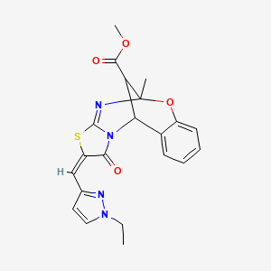 molecular formula C21H20N4O4S B10905104 methyl (2E)-2-[(1-ethyl-1H-pyrazol-3-yl)methylidene]-5-methyl-1-oxo-1,2-dihydro-5H,11H-5,11-methano[1,3]thiazolo[2,3-d][1,3,5]benzoxadiazocine-13-carboxylate 
