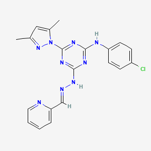 molecular formula C20H18ClN9 B10905352 N-(4-chlorophenyl)-4-(3,5-dimethyl-1H-pyrazol-1-yl)-6-[(2E)-2-(pyridin-2-ylmethylidene)hydrazinyl]-1,3,5-triazin-2-amine 