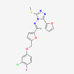 molecular formula C19H14ClFN4O3S B10906277 N-[(E)-{5-[(3-chloro-4-fluorophenoxy)methyl]furan-2-yl}methylidene]-3-(furan-2-yl)-5-(methylsulfanyl)-4H-1,2,4-triazol-4-amine 