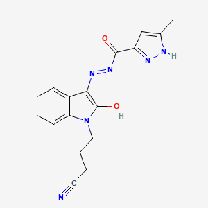 molecular formula C17H16N6O2 B10906333 N'~3~-[1-(3-Cyanopropyl)-2-oxo-1,2-dihydro-3H-indol-3-yliden]-5-methyl-1H-pyrazole-3-carbohydrazide 