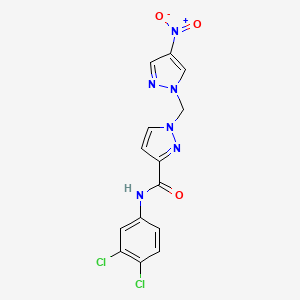 molecular formula C14H10Cl2N6O3 B10906602 N-(3,4-dichlorophenyl)-1-[(4-nitro-1H-pyrazol-1-yl)methyl]-1H-pyrazole-3-carboxamide 