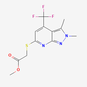molecular formula C12H12F3N3O2S B10906633 Methyl 2-((2,3-dimethyl-4-(trifluoromethyl)-2H-pyrazolo[3,4-b]pyridin-6-yl)thio)acetate 