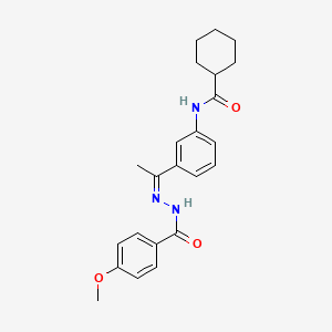 molecular formula C23H27N3O3 B10907433 N-{3-[N-(4-methoxybenzoyl)ethanehydrazonoyl]phenyl}cyclohexanecarboxamide 