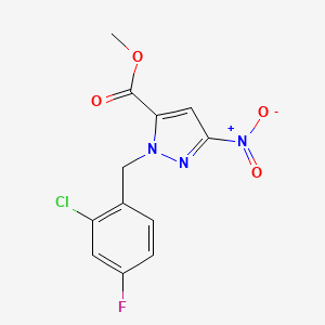 molecular formula C12H9ClFN3O4 B10907708 Methyl 1-(2-chloro-4-fluorobenzyl)-3-nitro-1H-pyrazole-5-carboxylate 