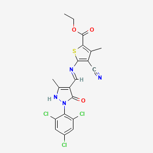molecular formula C20H15Cl3N4O3S B10907956 ethyl 4-cyano-3-methyl-5-({(Z)-[3-methyl-5-oxo-1-(2,4,6-trichlorophenyl)-1,5-dihydro-4H-pyrazol-4-ylidene]methyl}amino)thiophene-2-carboxylate 