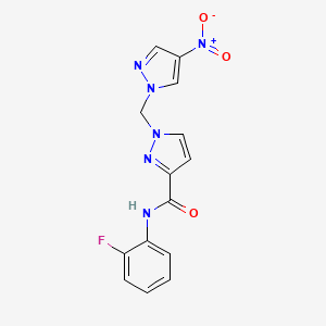 molecular formula C14H11FN6O3 B10908508 N-(2-fluorophenyl)-1-[(4-nitro-1H-pyrazol-1-yl)methyl]-1H-pyrazole-3-carboxamide 