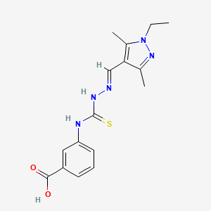 molecular formula C16H19N5O2S B10908596 3-[({(2E)-2-[(1-ethyl-3,5-dimethyl-1H-pyrazol-4-yl)methylidene]hydrazinyl}carbonothioyl)amino]benzoic acid 