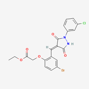 molecular formula C20H16BrClN2O5 B10908608 ethyl (4-bromo-2-{(E)-[1-(3-chlorophenyl)-3,5-dioxopyrazolidin-4-ylidene]methyl}phenoxy)acetate 
