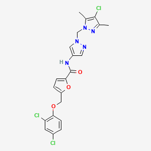 molecular formula C21H18Cl3N5O3 B10909763 N-{1-[(4-chloro-3,5-dimethyl-1H-pyrazol-1-yl)methyl]-1H-pyrazol-4-yl}-5-[(2,4-dichlorophenoxy)methyl]furan-2-carboxamide 