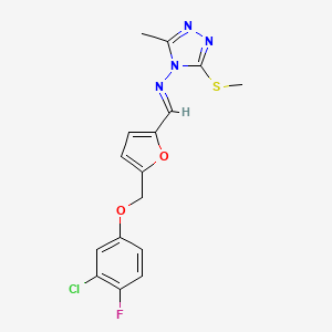 molecular formula C16H14ClFN4O2S B10910962 N-[(E)-{5-[(3-chloro-4-fluorophenoxy)methyl]furan-2-yl}methylidene]-3-methyl-5-(methylsulfanyl)-4H-1,2,4-triazol-4-amine 