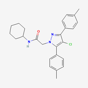 molecular formula C25H28ClN3O B10911045 2-[4-chloro-3,5-bis(4-methylphenyl)-1H-pyrazol-1-yl]-N-cyclohexylacetamide 