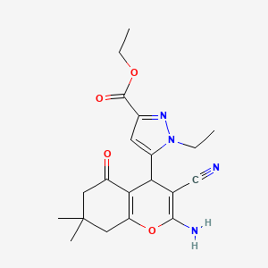 molecular formula C20H24N4O4 B10911464 Ethyl 5-(2-amino-3-cyano-7,7-dimethyl-5-oxo-5,6,7,8-tetrahydro-4H-chromen-4-YL)-1-ethyl-1H-pyrazole-3-carboxylate 